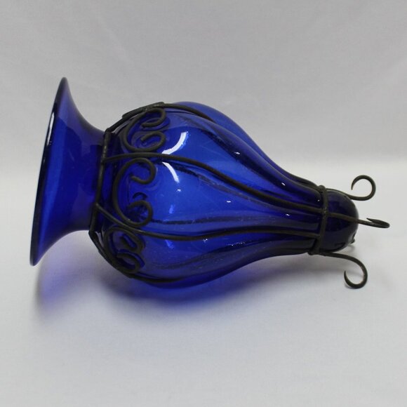 Vintage Cobalt Blue Hand Blown Caged Glass Vase - Picture 6 of 12